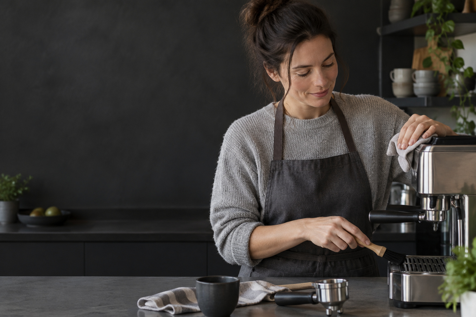 Cleaning a compact espresso machine safely.