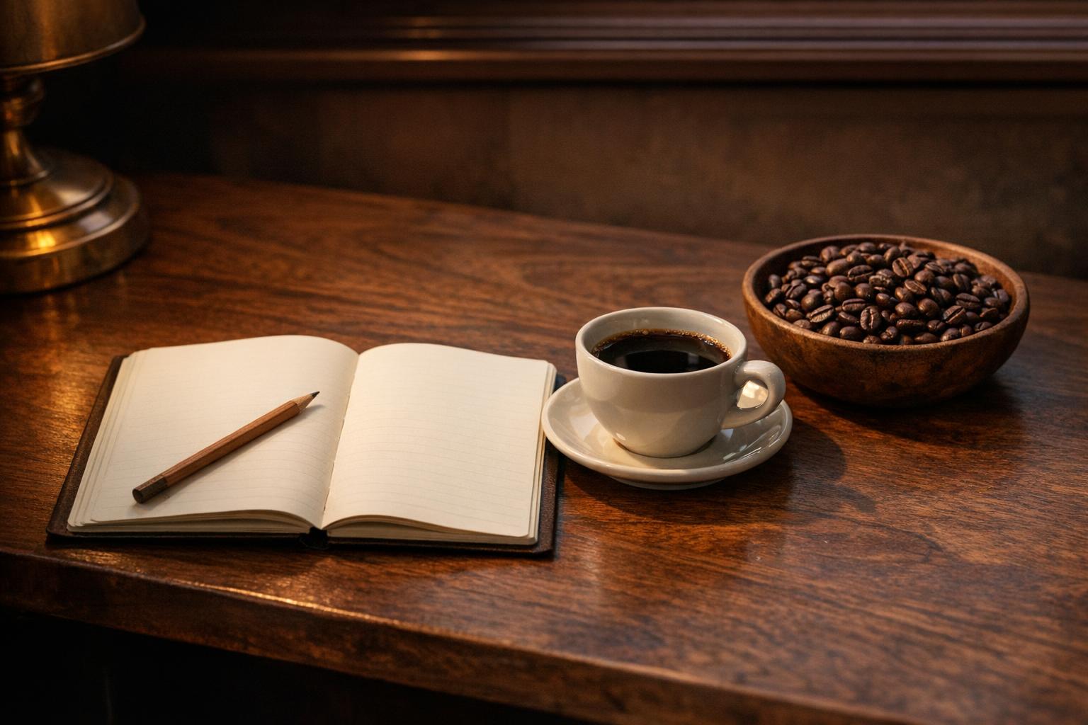 Notebook, coffee cup and bowl of coffee beans on a wooden desk.