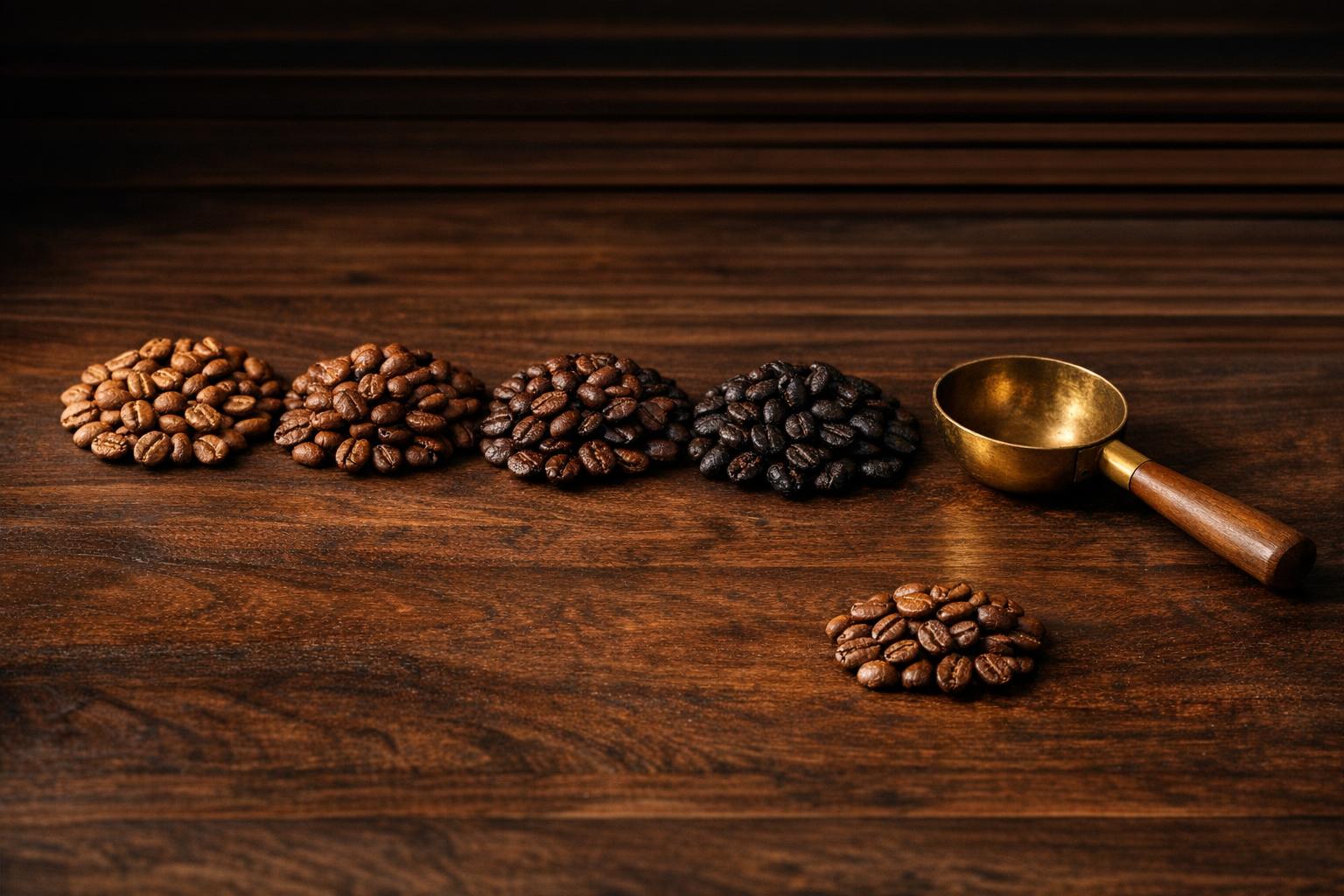 Coffee beans in several shades arranged beside a scoop.
