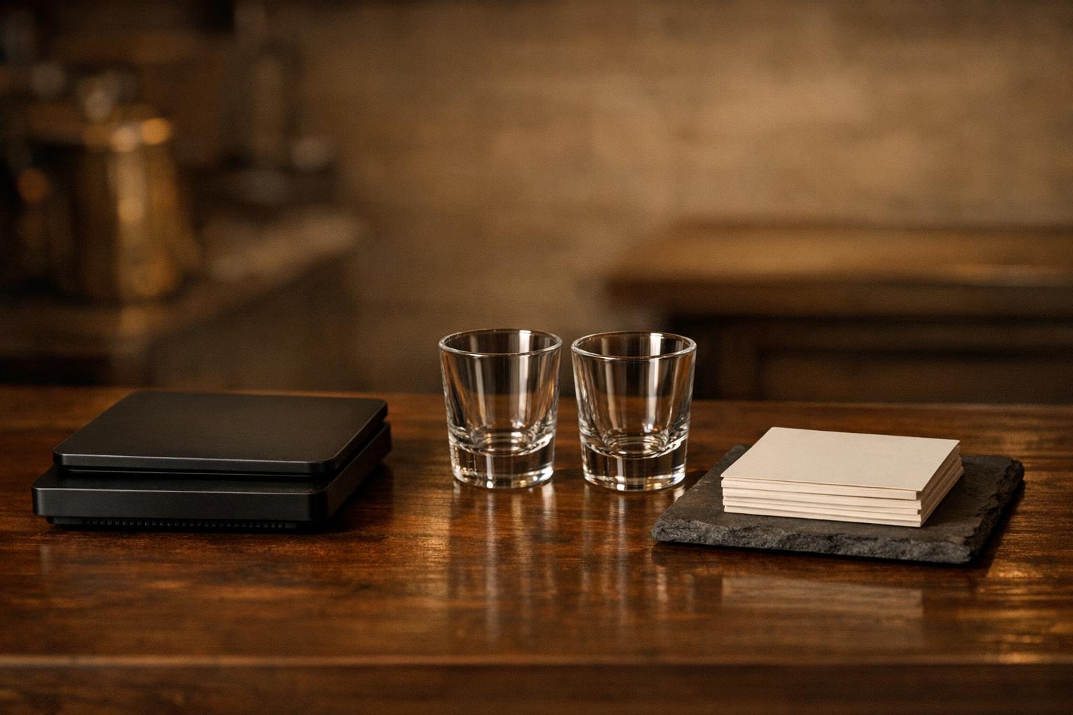 Two empty glasses, notebooks and cards on a wooden desk.