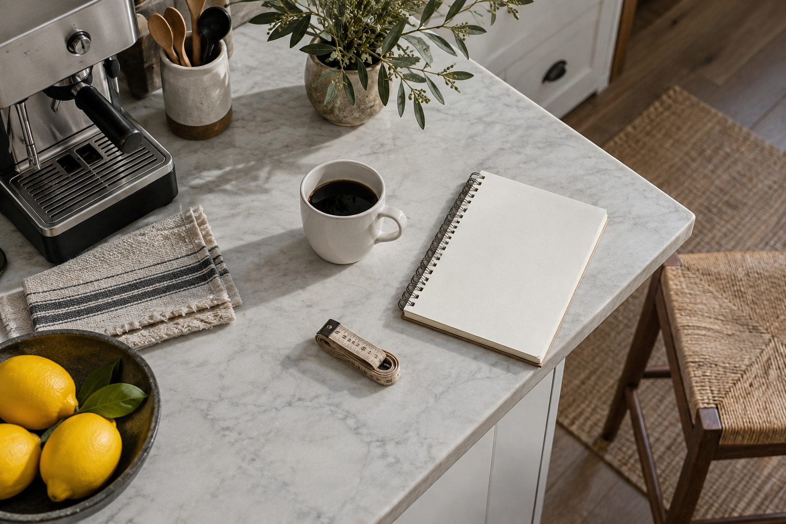 Coffee cup, notebook and tape measure on a kitchen counter beside an espresso machine.
