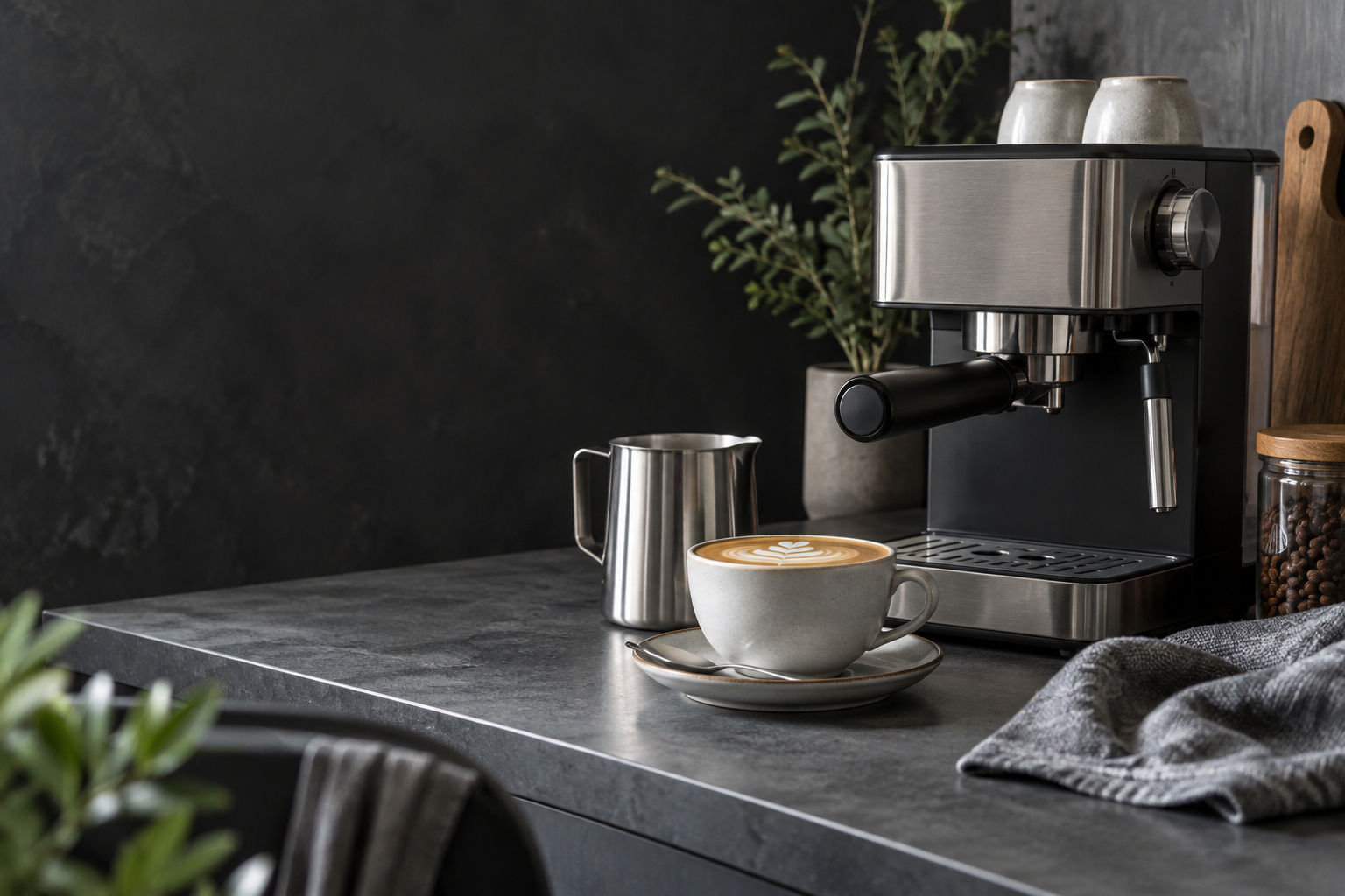 Steaming milk with a small espresso machine.